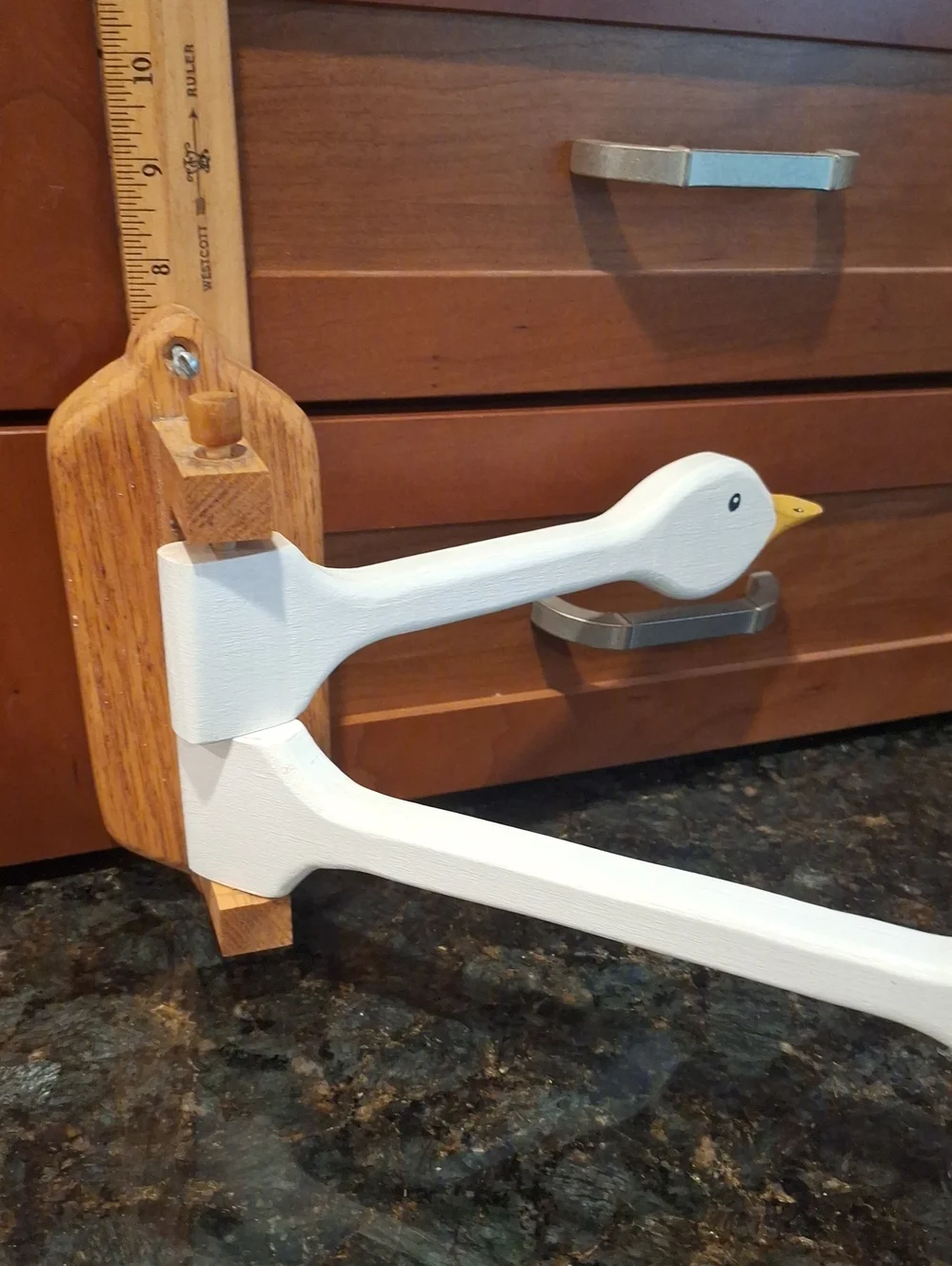 Vtg. Handmade White Wooden Goose Towel Holder with Oak Mount - Home Accents